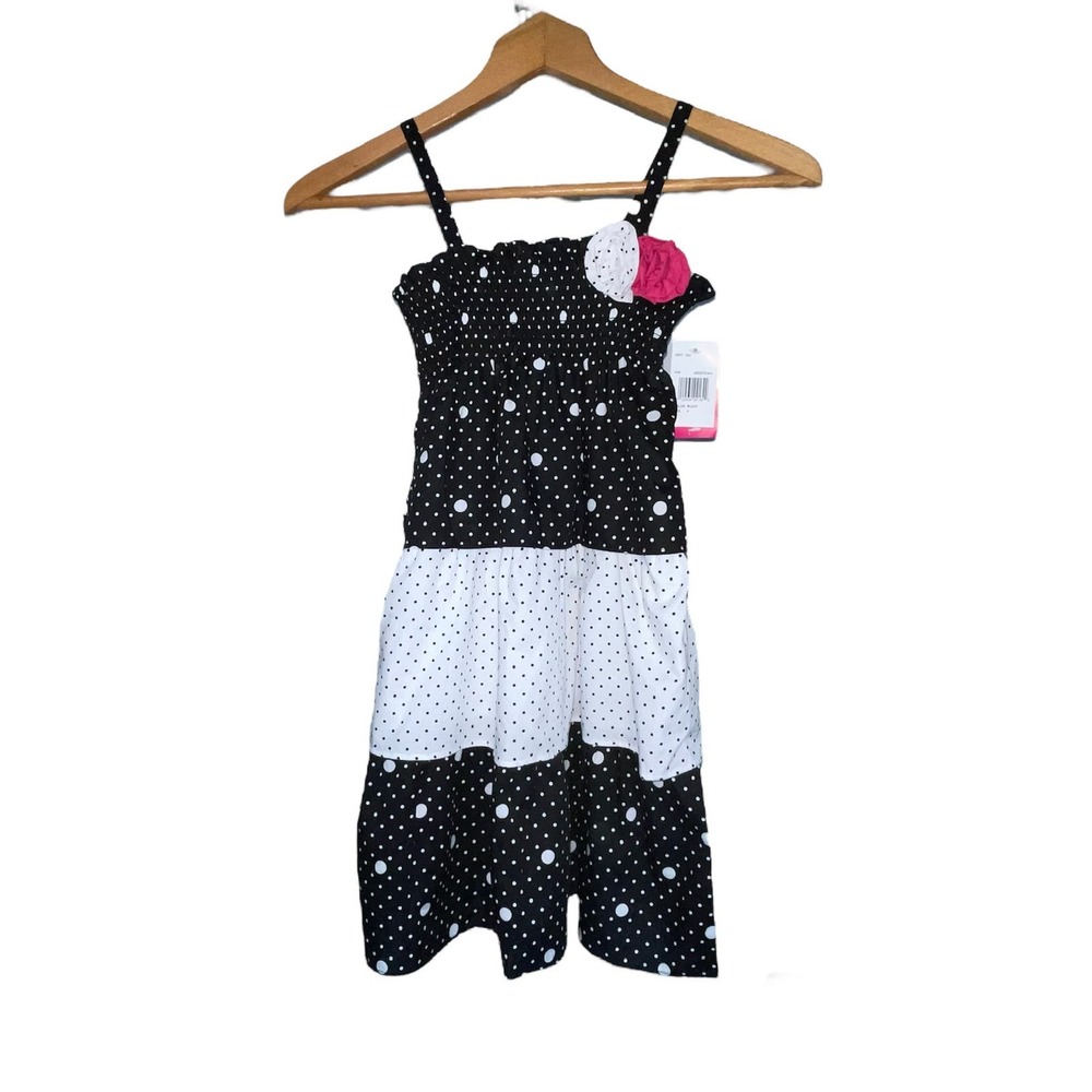NEW Girls Penny M 6 Black White Polka Dot Ruffle Pink Flower Smocked Sundress